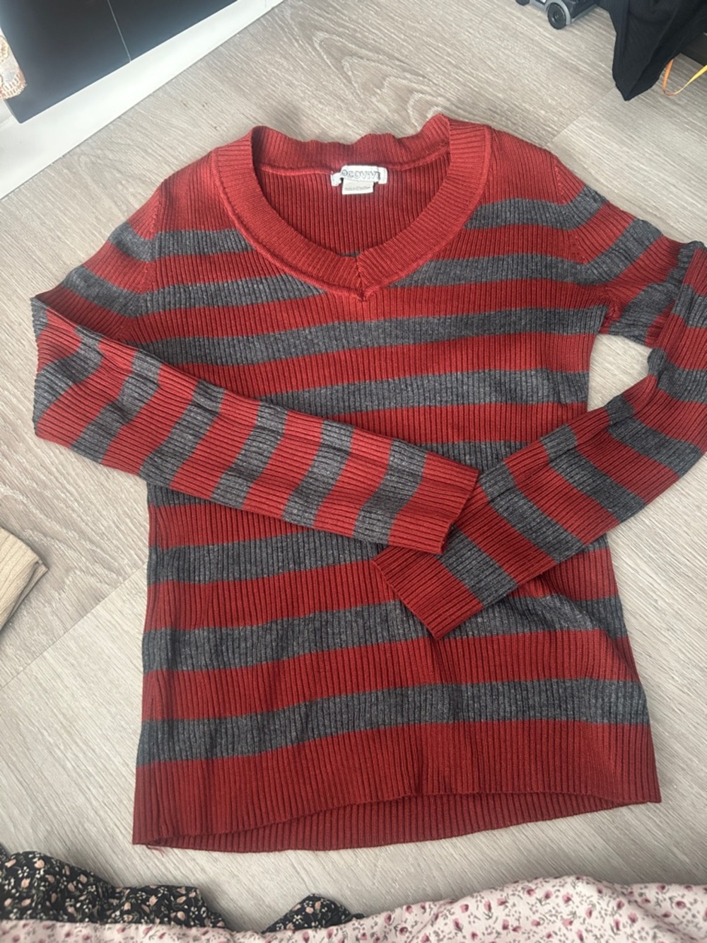 Classic Red and Gray Striped V‑Neck Sweater - Women
